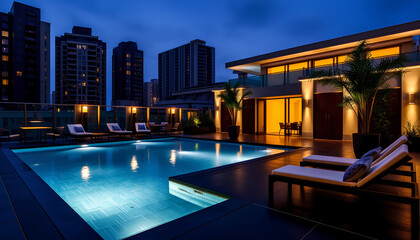 Fototapeta premium Nighttime pool at a luxury resort with reflections and tropical surroundings