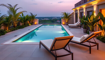 Fototapeta premium Tropical resort pool with clear water, palm trees, and a beach view, perfect for a relaxing vacation under the sun