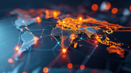 digital world map with interconnected glowing points illustrates global connectivity and data exchange. vibrant orange and blue colors highlight network complexity and reach