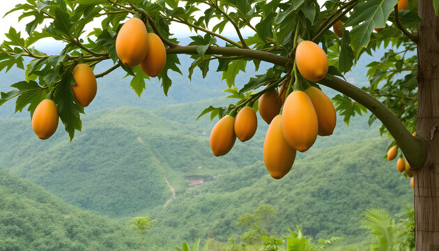 Ripe papaya hanging on a tree branch in a fresh garden with healthy green leaves, displaying papaya fruit in a natural organic farming atmosphere - Powered by Adobe