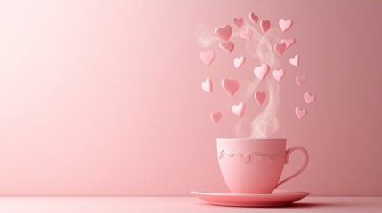 Pink hearts steam from teacup, pastel background, romantic concept, Valentine's Day card