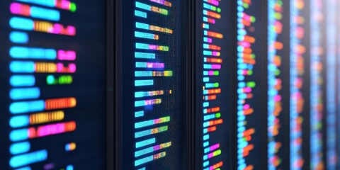 Fototapeta premium A vibrant display of digital data visualizations, featuring colorful sequences on a dark background, representing modern technology and information processing.