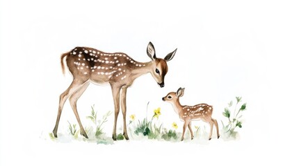 Naklejka premium A serene watercolor illustration of a mother deer and her fawn in a lush meadow surrounded by flowers