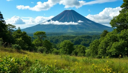 Fototapeta premium Majestic Volcano Rises Above Verdant Landscape Under Blue Skies