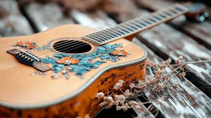 Ornate Acoustic Guitar with Floral Inlays on Weathered Wood