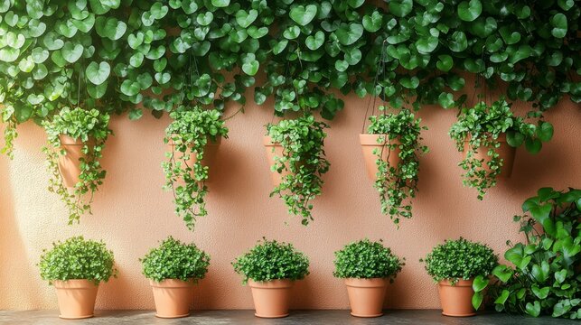 Lush green plants in terracotta pots adorn a peach wall, creating a vibrant, natural indoor garden scene.