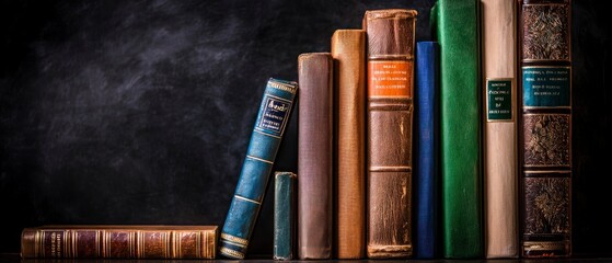 Naklejka premium Antique Bookshelf Row of Vintage Leather Bound Books on Dark Background
