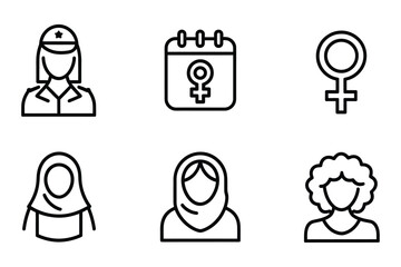 International Women's Day Icon Set - Minimalist Black Line Vector Icons for Equality and Diversity Themes