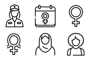 International Women's Day Icon Set - Minimalist Black Line Vector Icons for Equality and Diversity Themes