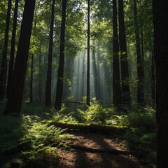 Obraz premium Write about the play of light and shadow in a forest at midday.