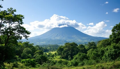 Majestic Volcano Rising Above Lush Green Landscape