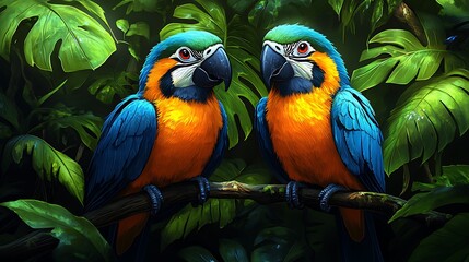 Two Blue And Gold Macaws Perched On A Branch In Lush Tropical Foliage