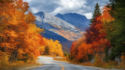 Obraz premium Scenic view of a picturesque autumn road winding through the White Mountains, with trees ablaze in fall colors and the majestic mountains providing a stunning backdrop.