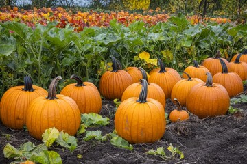 pumpkin patch during an autumn festival, showcasing vibrant pumpkins of all shapes and sizes, surrounded by colorful leaves and cheerful decorations