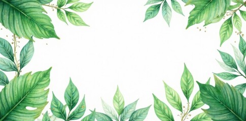 Delicate watercolour border of exotic leaves on white background, leafy, watercolour
