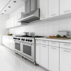 A sleek, modern kitchen featuring white cabinetry, stainless steel appliances, and a minimalist design.