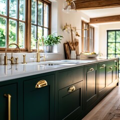 A stylish kitchen featuring green cabinetry, modern fixtures, and abundant natural light, creating a warm and inviting atmosphere.