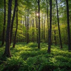 Fototapeta premium Describe a forest in the spring, bursting with new life and vibrant colors.