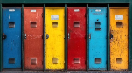 Colorful vintage metal lockers in a row.