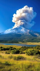 Obraz premium Volcán en erupción con una gran columna de humo bajo un cielo despejado, rodeado de vegetación y un lago cercano
