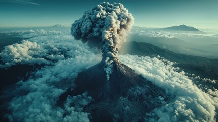 Volcano erupting, smoke cloud rising, mountains visible, clouds cover foreground