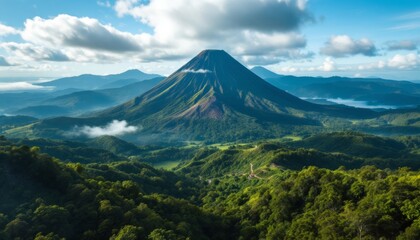 Fototapeta premium Majestic Volcano Dominates Lush Green Mountain Range