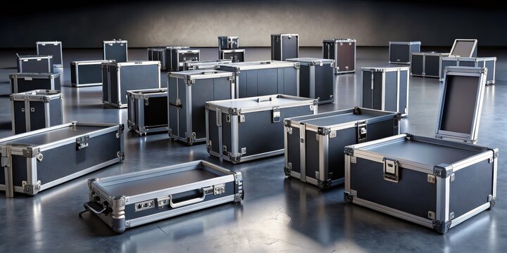 Stylized flightcase setup with open and closed cases scattered on the floor, travel, luggage