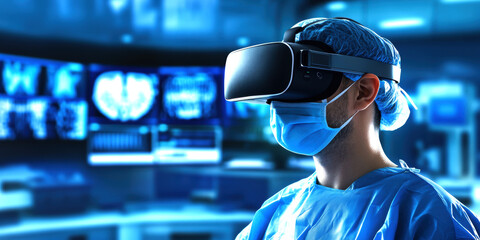 A medical professional wearing a VR headset in a high-tech operating room, utilizing virtual reality technology to enhance surgical procedures and patient care.