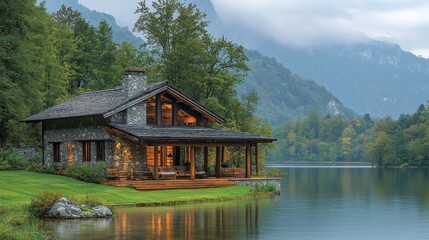 Obraz premium Stone house at lakeside, mountains, trees in background, possibly for travel