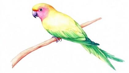 Vibrant watercolor illustration of a colorful parrot perched on a branch against a white background