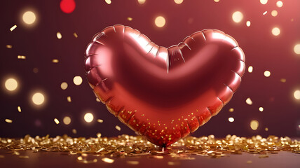 Shiny Red Heart Balloon with Golden Confetti for Valentine's Day