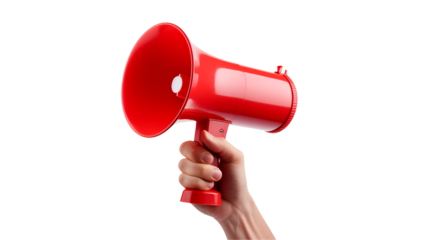 Red Megaphone in Hand Loud Announcement Public Speaking Communication Protest isolated on transparent background