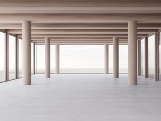 Fototapeta premium Minimalist interior of a modern building with large windows overlooking a serene landscape