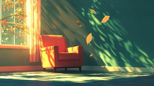 Cozy Orange Armchair with Sunlight and Floating Leaves in a Serene Indoor Setting