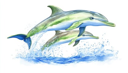 Two dolphins gracefully leaping out of the vibrant blue ocean, creating splashes against a serene backdrop