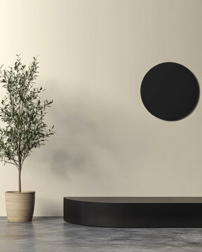 Modern interior design featuring minimalistic furniture and a single tree