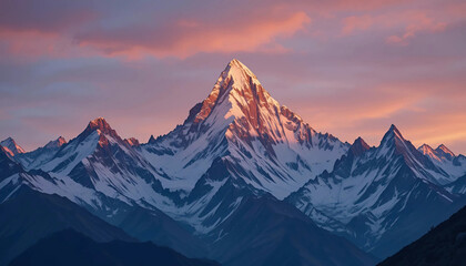 Obraz premium Panoramic view of Ama Dablam and snow peaks illuminated by sunset light in Nepal's mountain range, Generative AI.