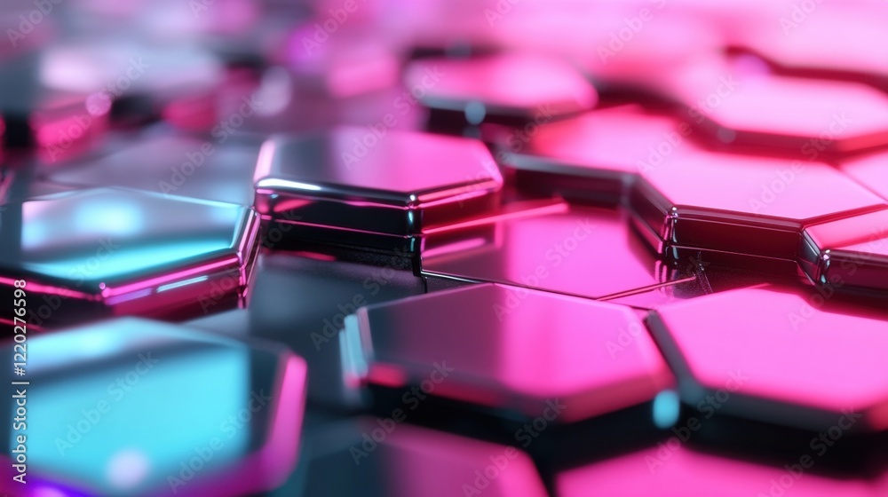 Poster hexagonal patterns create a vivid abstract technology backdrop with colorful reflections, adding dep