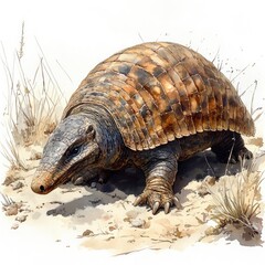 Obraz premium A detailed illustration of a tortoise on sandy terrain, surrounded by sparse grass and natural elements