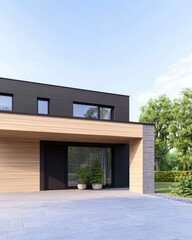 Modern architectural design showcasing a sleek residence with a minimalistic facade and greenery
