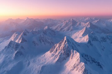 Snow-covered mountain range from an airplane perspective, with glistening white peaks stretching across the horizon under a soft pink and purple dawn sky.