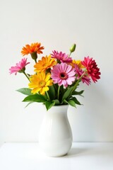 A simple, colorful flower arrangement in a minimalist white vase against a white background , bloom, bouquet