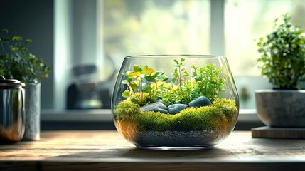 Glass terrarium with plants, rocks on wood table, blurred kitchen background