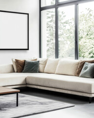 Fototapeta premium Modern living room with large windows and comfortable sectional sofa in bright setting