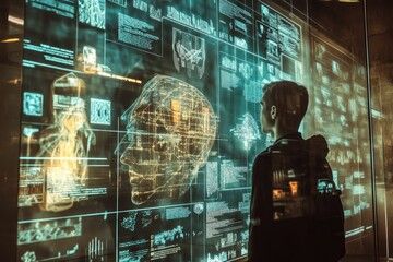 Person observes glowing digital data, head scan displayed.