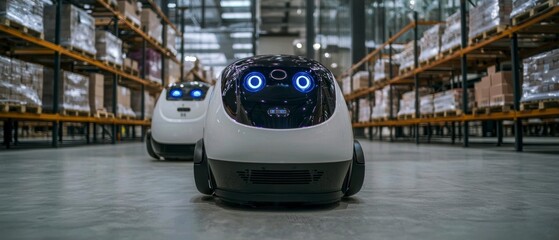 Obraz premium Autonomous Delivery Robots in Modern Warehouse