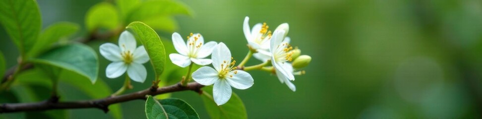 Obraz premium delicate white blooms of honeysuckle lat Lonicera caprifolium on stem, foliage, honeysuckle