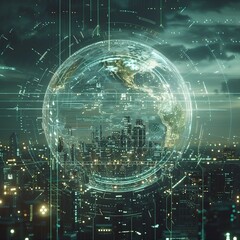 Obraz premium Futuristic globe over city at night, digital overlay.
