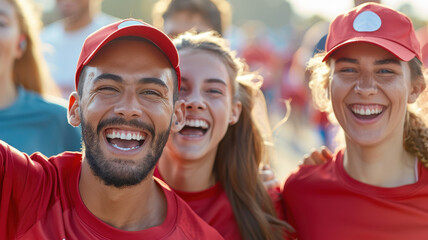 Smiling friends in red shirts and caps enjoying charity marathon event