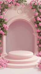 Elegant Floral Display with Pink Roses and Pink Archway